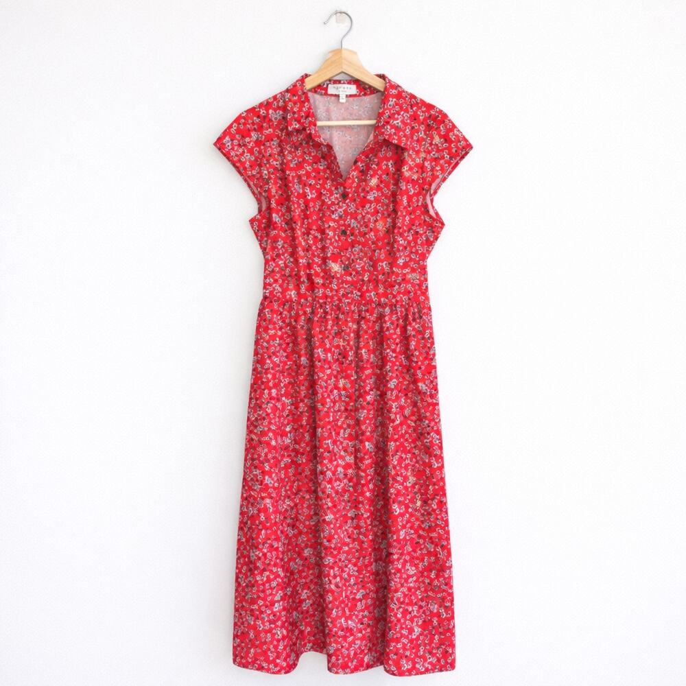 HAYDEN Floral Short Sleeve Midi Shirt Dress Red L